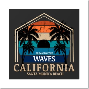 Monster Waves California Surfing vintage retro sunset palm trees Posters and Art